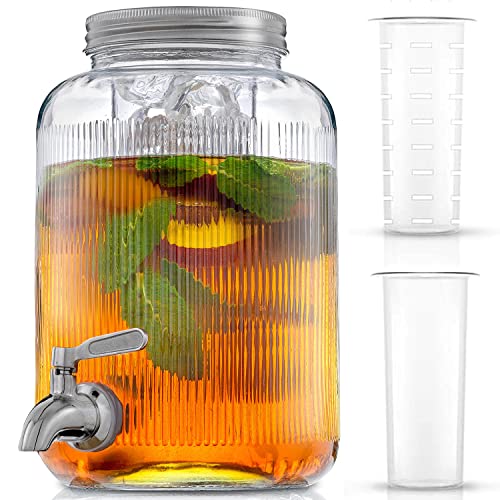 Fluted 1 Gallon Drink Dispenser. Glass Beverage Dispenser with Stainless steel Spigot plus Ice Cylinder and Fruit Infuser! Water Dispenser