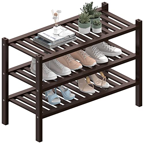 3 Tier (Thick) Bamboo Shoe Rack for Closet Free Standing Wood Shoe Shelf for Entryway Small Space Stackable 27"x12"x21" (Black Brown) (Brown / 3 Tier(Thick))