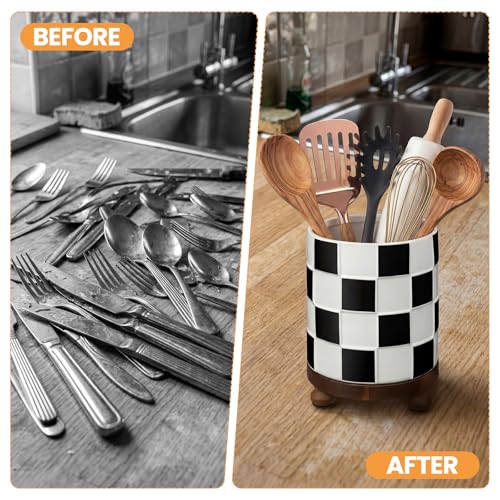 Kitchen Utensil Countertop Holder Checkered Utensil Crock (Black and White Checkered)