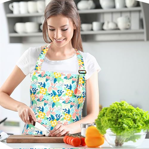 Floral Apron for Women with Pockets Cotton Canvas Waterproof Apron Cooking Baking Painting Gift (Grey)