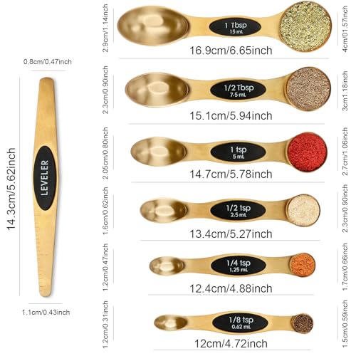Magnetic Measuring Spoons Set Stainless Steel with Leveler (Gold)