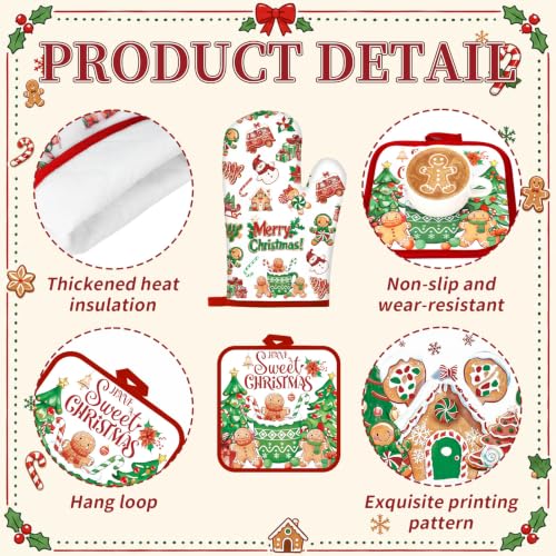 10 Pcs Christmas Gingerbread Man Kitchen Decor and Accessories Set Kitchen Towels Pot Holders Oven Mitts and Rugs for Baking Cooking BBQ Mom Housewarming Gifts (White,green,red / Cute Gingerbread Man)
