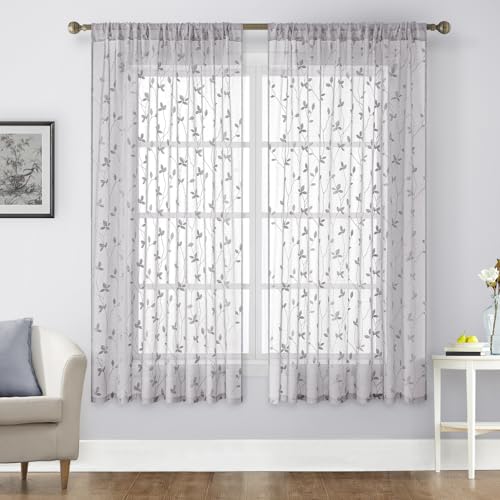 Light Grey Sheer Curtains Vine Embroidered (52"W x 63"L (Pack of 2) / Vine Light Grey)