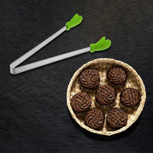 Mini Food Tongs 5.5" Gloves Shape Stainless Steel with Silicon Tips Small Cooking Tongs Kitchen Food Tongs Serving Tongs for Cooking Grilling BBQ Barbecue Kitchen (Green)