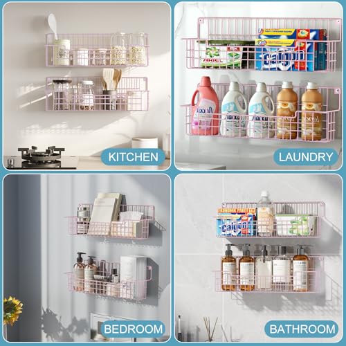 Spice Rack, 4-Pack Seasoning Organizer Wall Mounted for Kitchen Storage Organization, Metal Spice Holder Shelf for Cabinet, Pantry, Pink (Pink-4 Pack)