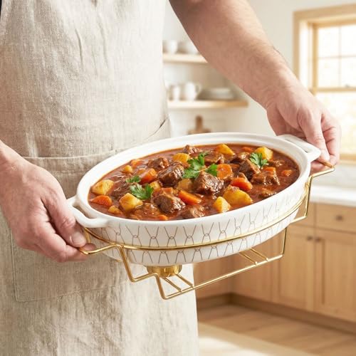 12" x 8" Ceramic Oval Casserole Dish with Glass Lid and rack (White with rack / 14.2 Inch(1.7 qt))