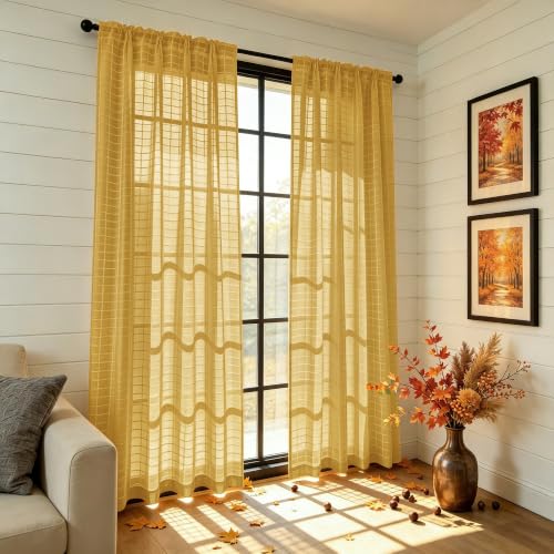 Check Sheer Curtains 72 Inches Long for Living Room (Check - Sand / 52"W x 72"L (Pack of 2))