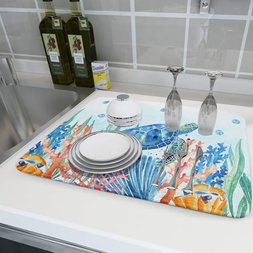 Sea Turtle Dish Drying Mat 18x24in Watercolor Blue Tortoise Dish Drainer Mats Nautical Ocean Coral Seashell Seaweed Microfiber Dish Drying Pad for Kitchen Countertop Large Decor (24" x 18")