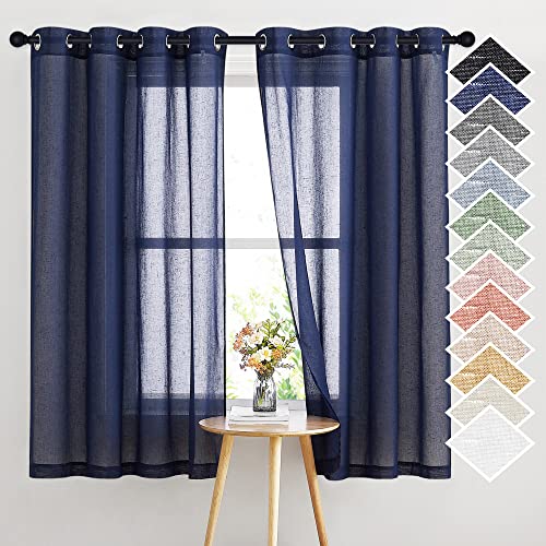 Natural Open Linen Weave Flax Textured Sheer Window Curtains (52"W x 63"L (Pack of 2) / Dark Blue)