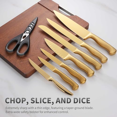 15 Piece Gold Kitchen Knife Block Set with Sharpener (Gold)