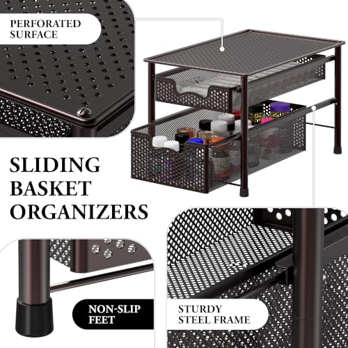 Stackable 2 Tier Sliding Basket Organizer Drawer (2-Tier / Bronze)