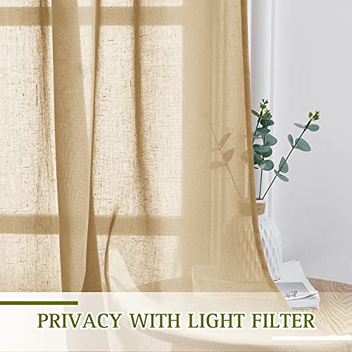 Sheer Curtains Flax Texture 84 inch Length (52"W x 84"L (Pack of 2) / Camel)