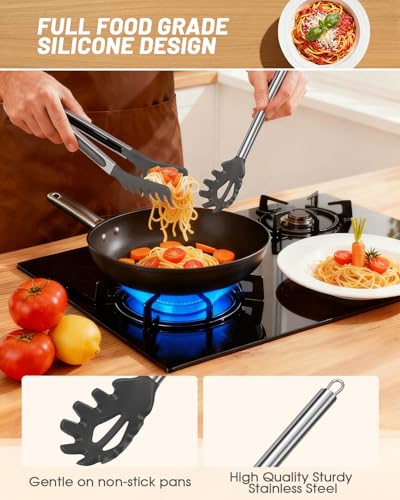Spaghetti Spoon and Pasta Tong with Teeth and Drain Holes (Gray)