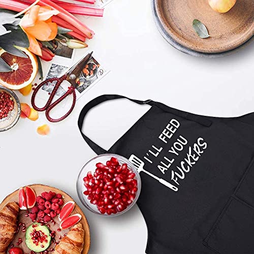 Funny Black Chef Aprons for Men BBQ Grill Kitchen Cooking Aprons (I'll Feed All You)