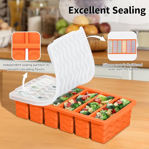 2 Pack Silicone Freezer Trays with Lid (Orange（6+2）)