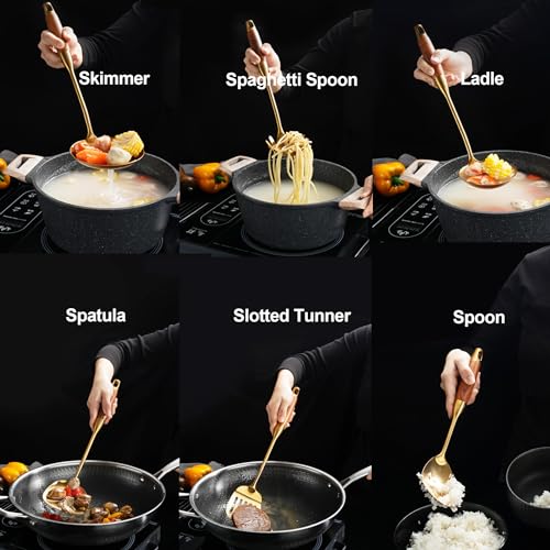 Gold Kitchen Utensils Set Stainless Steel 9 PCS with Wooden Handle (Upgraded Gold-9)