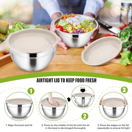 Stainless Steel Mixing Bowls with Airtight Lids (Khaki / Airtight Lids)