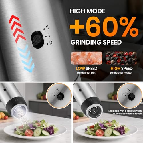 Rechargeable Gravity Electric Salt Grinder Set (Stainless Steel with Charging Base)