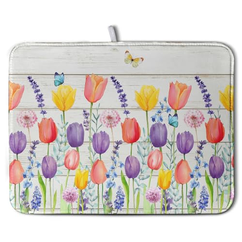 Tulip Floral Dish Drying Mat for Kitchen Counter Watercolor Spring Flower Dish Mat Absorbent Microfiber Dish Draining Mat Reversible Heat Resistant Dishes Pad Large 18 x 24 Inch (Spring Tulip Colorful / 18" x 24")