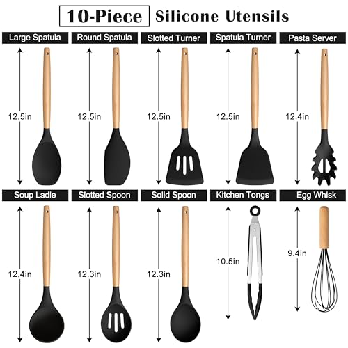 Silicone Cooking Utensils Set with Heat Resistant Wood Handle (10 / Black)