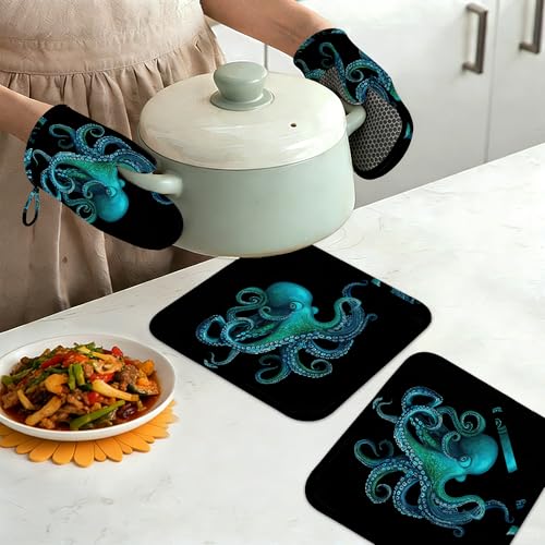 Oven Mitts and Pot Holders Green Octopus Silicone Kitchen Accessories Set of 4 Heat Resistant Gloves Potholder Non (Green Octopus)