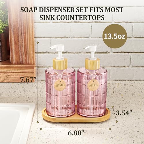 Soap Dispenser Set with Bamboo Tray (Pink&bamboo)