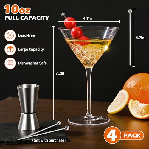 10oz Large Martini Glasses Set of 4 (Classic Martini Glasses)
