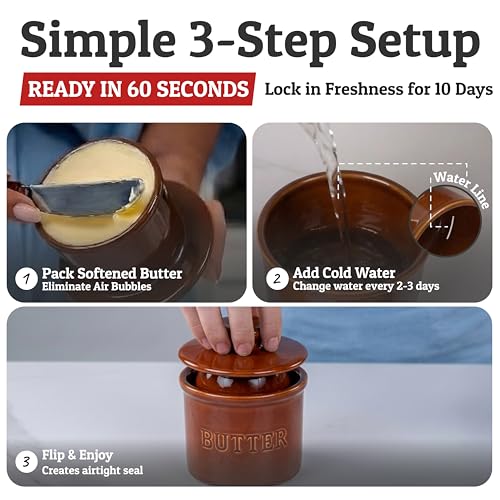 Butter Crock with Lid for Countertop with Spreader Knife and Water Line (Brown / Regular)