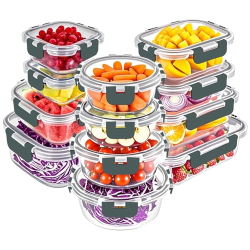 12 Packs Glass Food Storage Containers Set with Lids (Grey / 24 Pieces)