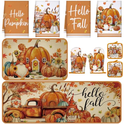 10 Pcs Fall Pumpkin Kitchen Decor Set Kitchen Towels Pot Holders Oven Mitts and Rugs Set Thanksgiving Towels for Baking Cooking BBQ Autumn Home (White, Orange / Maple Leaf)