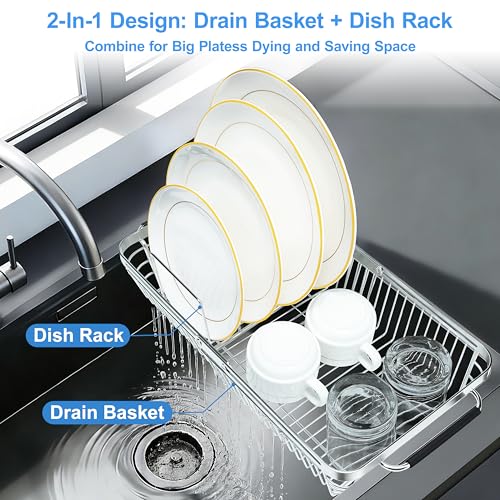 Over The Sink Dish Drying Rack Expandable Kitchen Sink Organizer (Medium (8.5"W | Extend 11.6"-17.5"L))