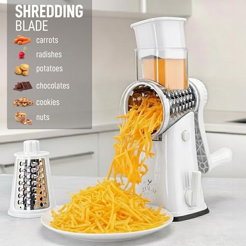 Rotary Cheese Grater Manual Hand Crank 5 Blade Shredder (5 Blades / White)
