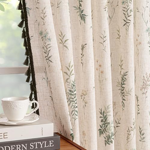 Floral Farmhouse Linen Boho Curtains 63 inch Length with Green Tassels Semi Sheer Privacy Protect Back Tab Spring Rustic Country Window Treatment for Bedroom Cafe (Green / 50"W x 63"L (Pack of 2))