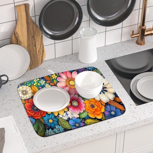 Boho Flower Dish Drying Mat (18" x 16")