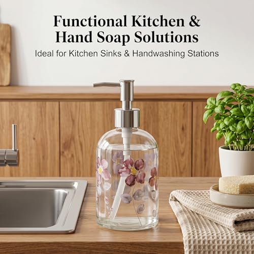 17oz Glass Soap Dispenser with Pump (Purple Flower)