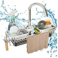 Kitchen Sink Faucet Organizer Multifunction Sponge Holder Organizer Sink Drain Holder Over Faucet Kitchen Sink Caddy with Hook Adjustable for 0.7 (Large / Silver)