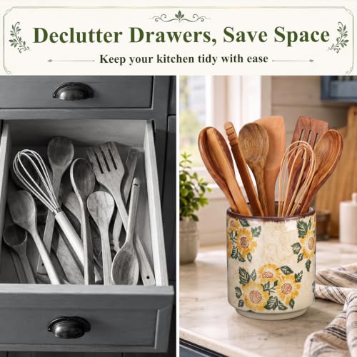 Rustic Ceramic Utensil Holder Sunflower 5.5" (Sunflower / 5.5" / Rustic)