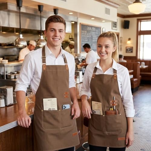 Chef Apron for Men Women with Pockets Adjustable Neck Strap (Brown)