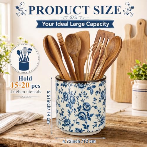 Rustic Ceramic Utensil Holder Blue Rose 5.5" (Blue Rose / 5.5" / Rustic)