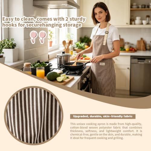 Aprons For Women With Pockets Chef Apron Bib Apron with 2 Large Pockets Adjustable Neck Strap Kitchen Apron Cooking Apron Stripes Baking Apron (Coffee-colored Stripes)