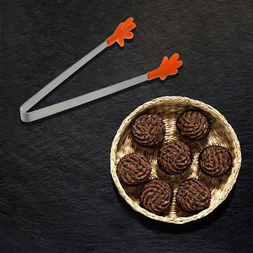 Mini Food Tongs 5.5" Pattern Shape Stainless Steel with Silicon Tips Small Cooking Tongs Kitchen Food Tongs Serving Tongs for Cooking Grilling BBQ Barbecue Kitchen (Orange)