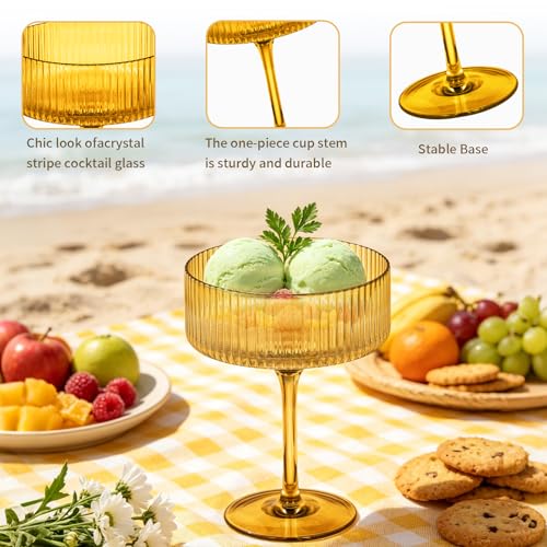 6 PCS Ribbed Coupe Glasses Amber Plastic Champagne Coupe Cup 10.5oz Espresso Martini Glass Shatterproof Acrylic Vintage Margarita Glassware Cocktail Glass for Thanksgiving Wedding (Amber / 6 PCS)