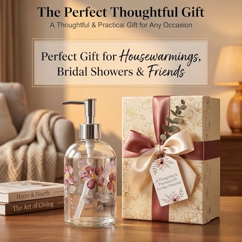 17oz Glass Soap Dispenser with Pump (Purple Flower)