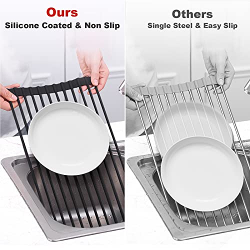 Roll Up Over The Sink Dish Drying Rack Silicone Wrapped Foldable (Rectangle-black / Rectangle: 17.5" x 11")