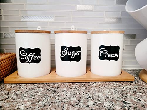 Ceramic Sugar Bowls with Bamboo Lids and Spoons (3 pcs Jar Set(4.1"H x 3.1"D/10.8 fl oz))