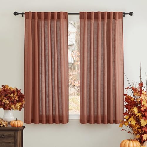 Linen Semi Sheer Curtains 63 inch Length for Living Room Office (Terracotta / 52"W x 63"L (Pack of 2))