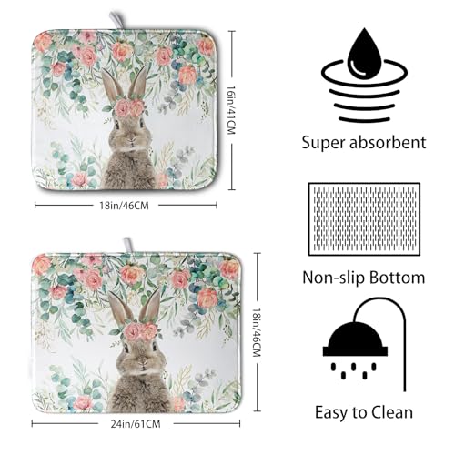 Easter Rabbit Dish Drying Mats for Kitchen Counter Easter Spring Watercolor Floral Bunny Absorbent Dish Drying Mat 16x18 Inch Absorbent Reversible Reusable Washable Dishes Drainer Mats (Easter Bunny Flowers / 16" x 18")