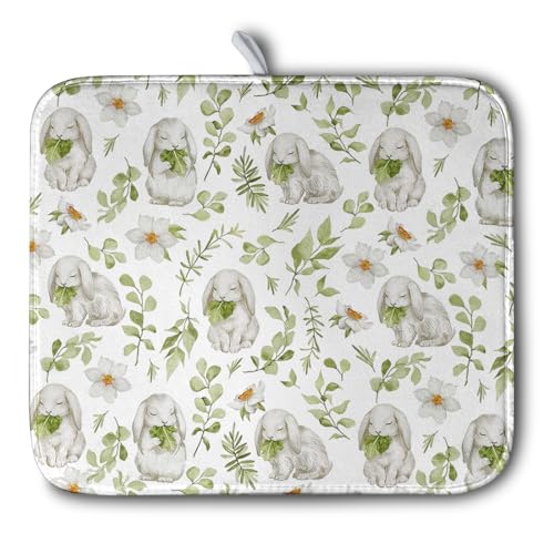 Easter Bunny Floral Drying Mat for Kitchen Counter Spring Easter Rabbits Green Leaves Dry Dish Mat Absorbent Microfiber Dish Draining Washable Dish Drainer Rack Mat 16x18 Inch (Easter Bunny Green / 16" x 18")