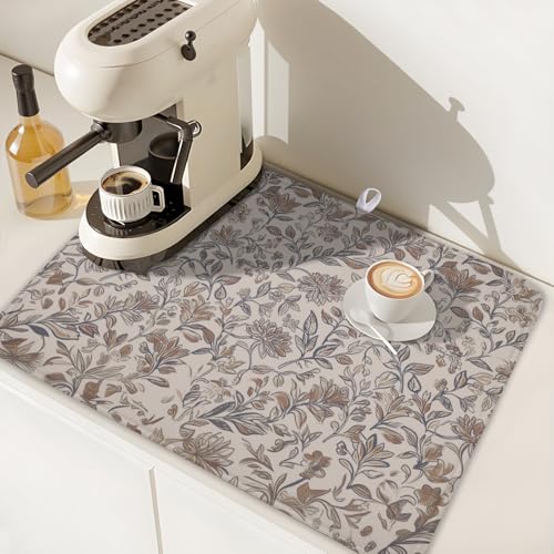 Vintage Floral Dish Drying Mat for Kitchen Counter Brown Antique Flower Microfiber Dish Drainer Mat Rustic Neutral Absorbent Washable Drying Pad Extra Large 18"x24" (Vintage Floral / 24" x 18")