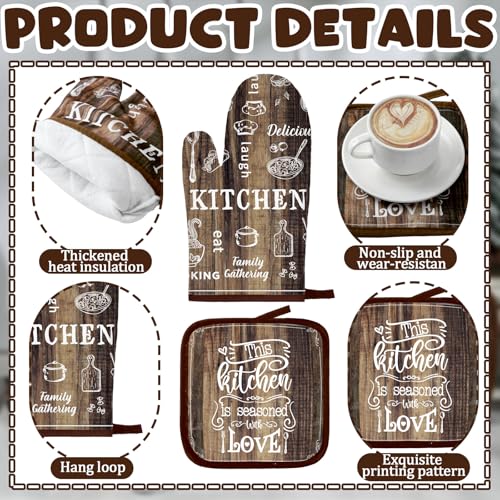 12 Pcs Farmhouse Kitchen Oven Mitts and Pot Holders Decor Sets 4 Wood Kitchen Hand Towels 4 Absorbent Dishcloths 2 Pot Holders 2 Oven Mitts Glove for Home Decorations Mom Baking Cooking Grilling Gift (Brown / Classic)
